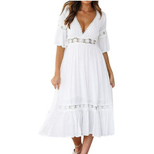 Fließendes Sommerkleid für Damen, Boho-Hochzeitsgastkleid mit Häkelspitze, V-Ausschnitt, kurzen Ärmeln, langem Kleid mit durchbrochenem Design,
