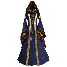 Robe Renaissance à capuche pour femme, taille haute élastique, fluide