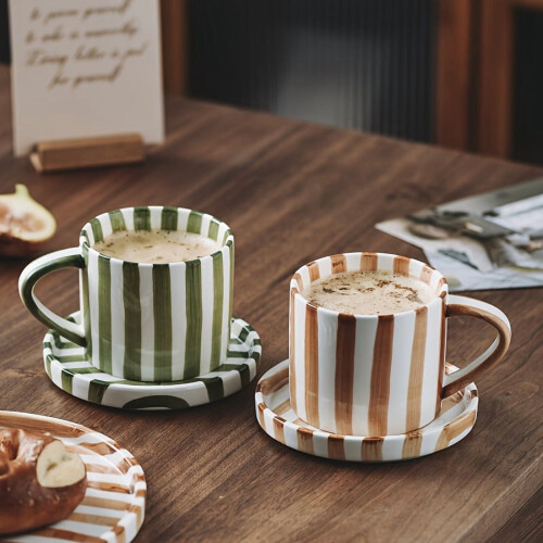 Vintage striped ceramic teacup and saucer set2-piece 1