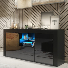 Sideboard Aurora 145cm - Black with Gloss Doors and LED Lights