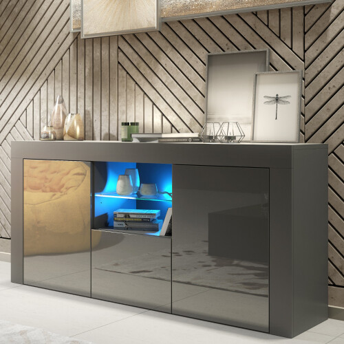 Sideboard Aurora 145cm - Dark Grey with Gloss Doors and LED Lights