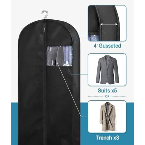 Conjunto de 3 capas de malha com reforço lateral para ternos, medindo 43 polegadas (109 cm), na cor preta, ideais para guardar roupas no armário e 1