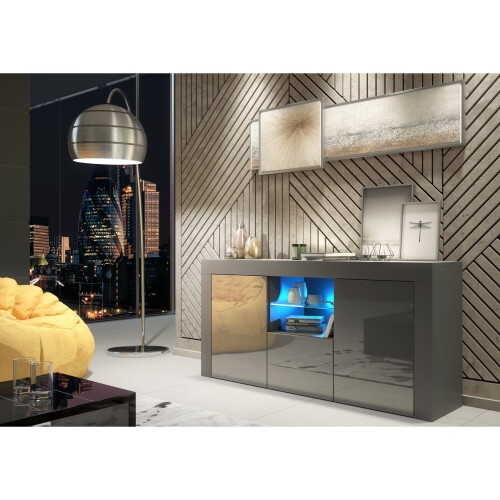 Sideboard Aurora 145cm - Dark Grey with Gloss Doors and LED Lights 1