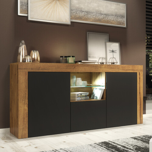 Sideboard Aurora 145cm - Dark Oak & Black Matt Doors and LED Lights