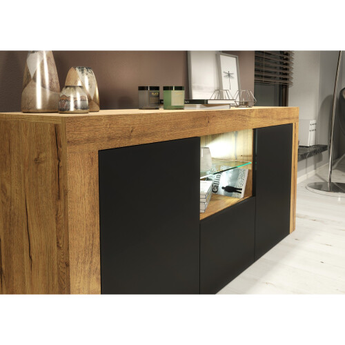 Sideboard Aurora 145cm - Dark Oak & Black Matt Doors and LED Lights 2