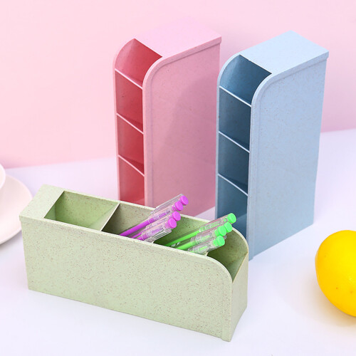 Inclined Pen Holder 4-Grid Green Plastic Organizer 2