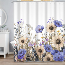 Cortina de chuveiro floral roxa em poliéster impermeável 119 x 163 cm