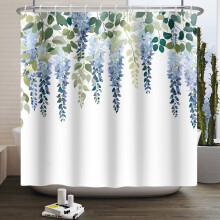Cortina de chuveiro floral azul lavanda com ganchos, 60x72 polegadas.