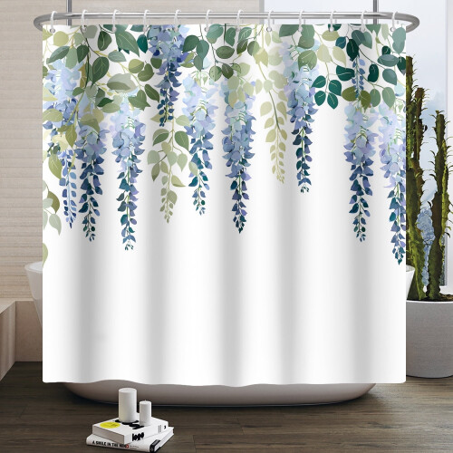 Cortina de chuveiro floral azul lavanda com ganchos, 60x72 polegadas.