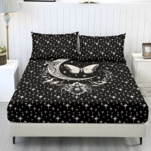 Jogo de lençóis Twin XL macios e elásticos nas cores preto com lua, estrela e borboleta.
