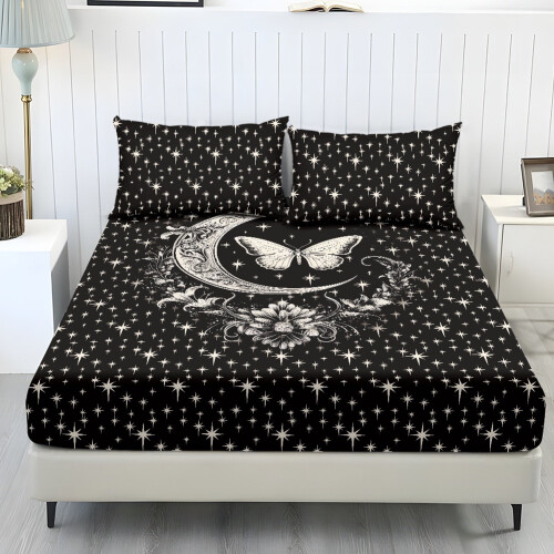 Jogo de lençóis Twin XL macios e elásticos nas cores preto com lua, estrela e borboleta.