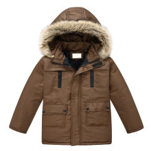Boys Winter Hooded Parka with Faux Fur Trimmed Hood Zipper Closure Multiple Pockets Windproof Outerwear Jacket Style #E096 Brown 150