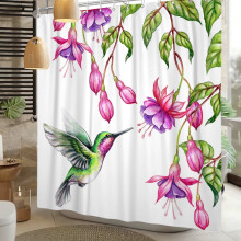 Cortina de chuveiro floral roxa com estampa de beija-flor