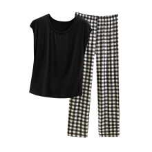 Women's Casual Crew Neck Top and Plaid Pants Set Black L