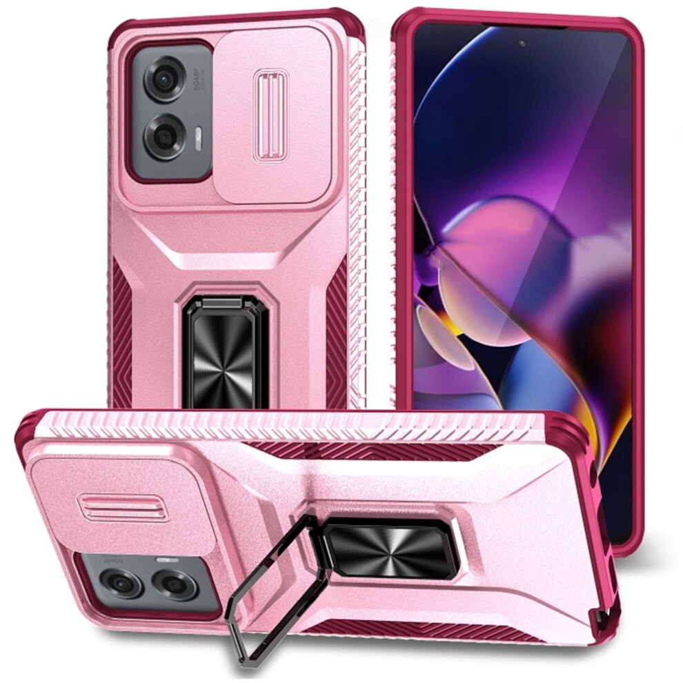 Slim Fit Shockproof Hybrid Case For Motorola Moto G Stylus 2024 (6.7"), With Slide Camera Cover & Rotated Ring Kickstand, Military-Grade, Pink 9170372191680