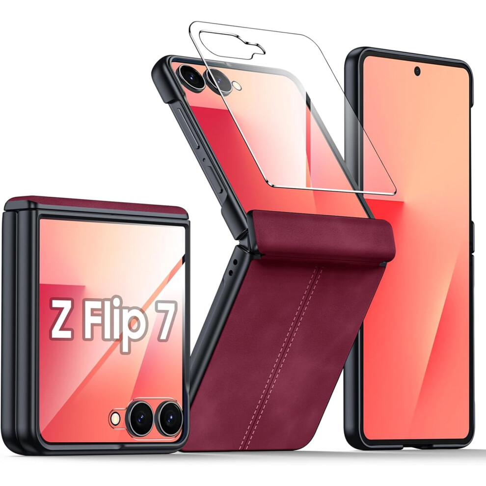 Samsung Galaxy Z Flip 7 Case With Hinge Protection & Built-In Screen Protector, Ultra-Thin Matte Leather Pc Shockproof Cover – Red 9165521690589