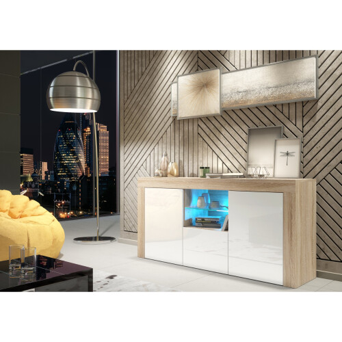 Sideboard Aurora 145cm - Oak & White Gloss Doors and LED Lights 1