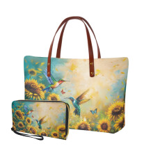 Handtaschen-Set aus PU mit Sonnenblumen-, Schmetterlings- und Kolibri-Print (2-teilig) für Damen – Schmale Geldbörse & große Schultertasche,