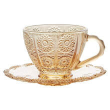 Vintage Sunflower Embossed Coffee Cup with Saucer, Relief Lead-free Glass Cup