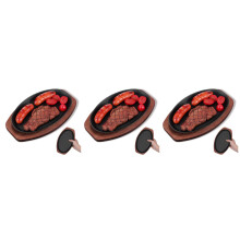 3Sets Iron Steak Plates with Wooden Serving Tray Non-Stick Grill Pan