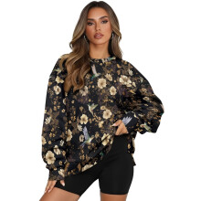 Sweatshirt mit Blumen- und Kolibri-Print, Rundhalsausschnitt, Langarm-Pullover, modisches Oversize-Sweatshirt für Damen, Größe M