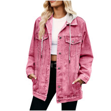Aftagelig denimjakke med hætte og knaplukning, lange ærmer, vintage, afslappet, paljettfrakke med lommer til damer