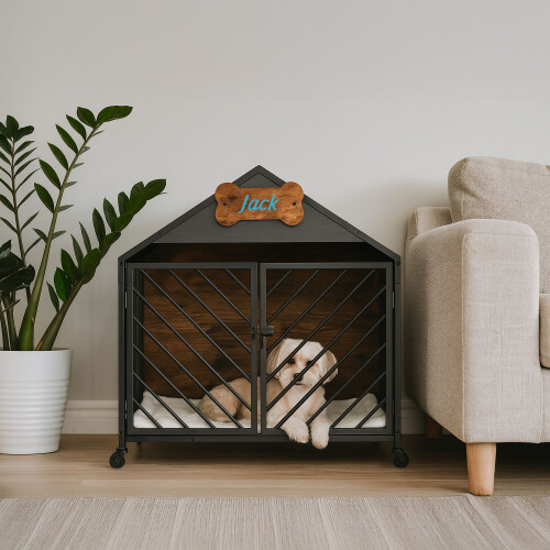 Dog Cage with Wheels - Wood-Effect and Metal 1
