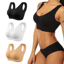Lot de 3 soutiens-gorge de sport pour femme, confortables et sans coutures, avec coussinets amovibles pour dormir, Ă enfiler, noir, blanc et nude,