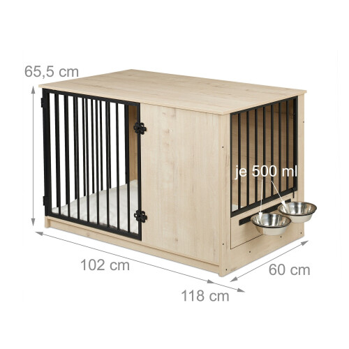Indoor Dog Crate, Wood Effect, 2 Bowls, Medium Size 2
