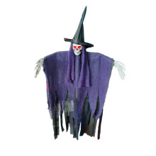 Decoração de Halloween: Esqueleto animatrônico com túnica esvoaçante, luzes de LED e braços que se agitam ativados por som. Ideal para