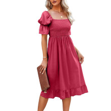 Women's Open Back Dresses For Summer With Puffy Sleeves Square Neck Smocked Bodice Lightweight Fabric Flowy A Line Tiered Midi Dress