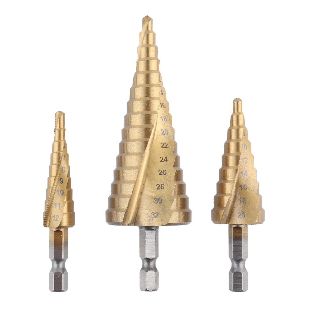 Multi-Use Step Drill Bit Set Spiral Grooved Hss Titanium Coated Cone Drill Bits For Aluminum Wood Plastic, 3Piece Quick Attach Hex Shank Drilling 9448483723060