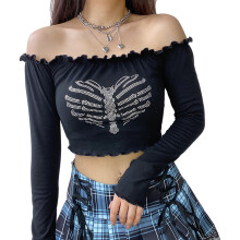 Langarmshirt mit Strassprint im Gothic-Punk-Stil, kurzes Design, Y2K-Vintage-Grafik, Harajuku-Streetwear, atmungsaktives Material für den Abend