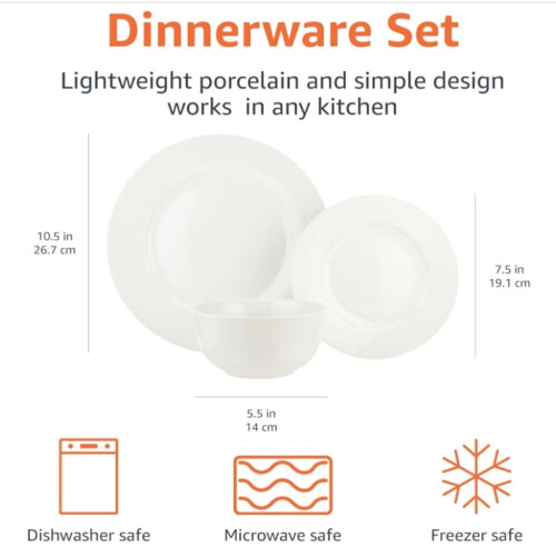 Kitchen Dinnerware Set, Microwave and Dishwasher Safe, Plates, Bowls, Service for 6, 18-Piece, White 1