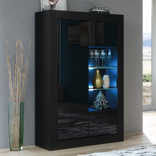 Display Cabinet Arcadia 140cm - Black with Gloss Doors and LED Lights