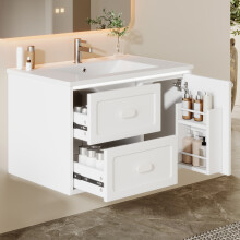 76 x 46 x 51 cm großer, weißer Badezimmer-Wandschrank mit LED-Sensorbeleuchtung, 2 Schubladen und Waschbecken
