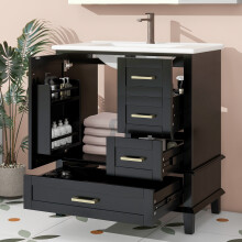 Schwarzer Badezimmerschrank (76  46  83,5 cm) mit 3 Schubladen und Ablage für Keramikwaschbecken