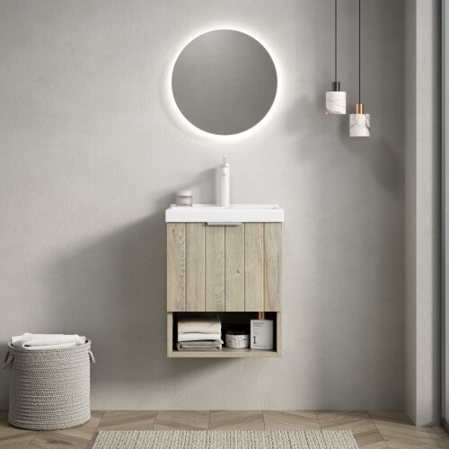 42cm Wall Mounted Vanity White Ceramic Sink Double Doors Open Shelf