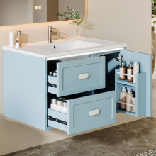 76 x 46 x 51 cm großer blauer Badezimmer-Wandschrank mit LED-Beleuchtung, 2 Schubladen und integriertem Waschbecken