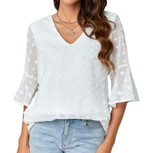 Short Sleeve Business Tops For Women Stylish V Neck Swiss Dot Chiffon Blouse Lightweight Soft And Comfortable Office Wear Ideal For Cover Arm Support