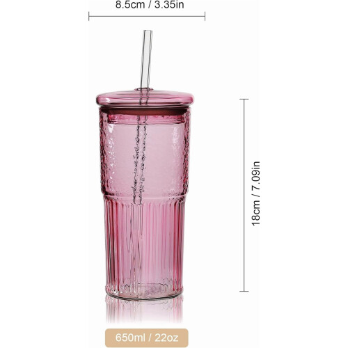 Σετ ποτηριών 22oz από βοριοπυριτικό γυαλί με ραβδώσεις, καλαμάκι και καπάκι – 2