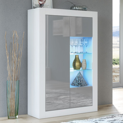 Display Cabinet Arcadia 140cm - White & Grey Gloss Doors and LED Lights