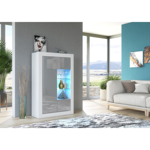 Display Cabinet Arcadia 140cm - White & Grey Gloss Doors and LED Lights 1