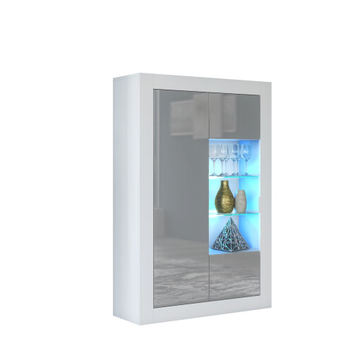 Display Cabinet Arcadia 140cm - White & Grey Gloss Doors and LED Lights 2