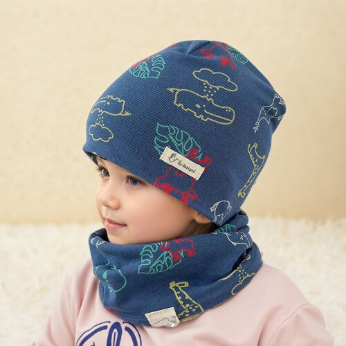 Conjunto infantil de gorro e cachecol de camada dupla em algodão azul. 1