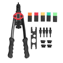 Kit de herramientas para remaches manuales. Cabezal de cambio rápido sin herramientas. Brazo más largo de acero al carbono. Mangos ergonómicos.