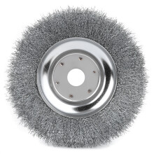 Escova de arame reforçada para esmerilhadeira de bancada. Escova de arame frisado com balanceamento uniforme. Limpeza eficiente, remoção de