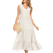 Soft Stretchy Fabric Maxi Dress Women Sleeveless V Neck Ruffle Hem Tiered Skirt Pure Color Loose Fit With Pockets Suitable For Dating Night Out