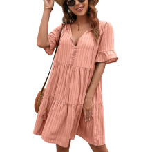 Babydoll-Kleid, kurzärmelig, V-Ausschnitt, fließendes Swingkleid, leicht und atmungsaktiv, lässiger Sommer-Schnitt mit Rüschensaum, lockerer
