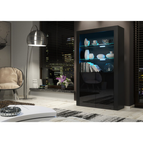 Display Cabinet Spectrum 170cm - Black with Gloss Doors and LED Lights 1